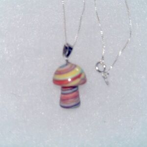 Boho Rainbow Calsilica Mushroom Sterling Silver Necklace 16”